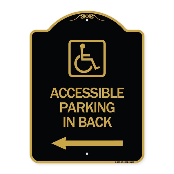 Accessible Parking on Left Arrow W/ Graphic, Black & Gold Aluminum Sign, 18" x 24", BG-1824-24356